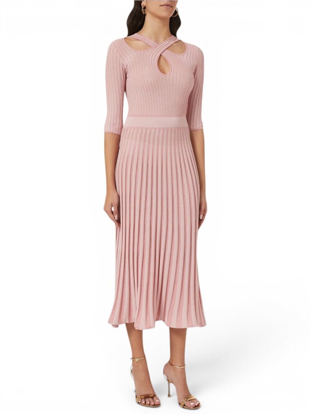 Pinko Pink Metallic Bitter Two Tone Knit O Cut-Out Knitted Feminine Midi Dress S